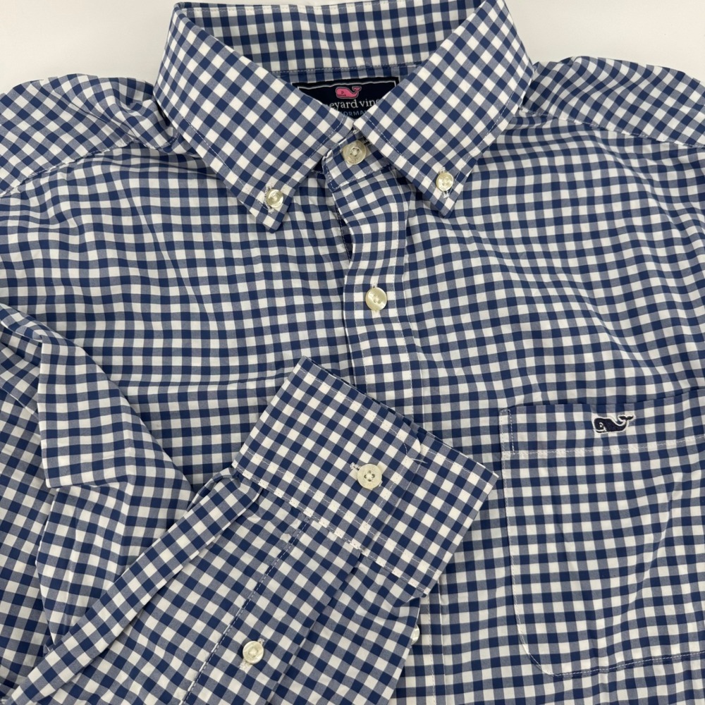 Vineyard Vines Performance Slim Fit Tucker Shirt Mens M Navy Gingham Nylon